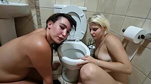 Two girls in nude worship a white toilet with dirty talk and kinky toilet fetish